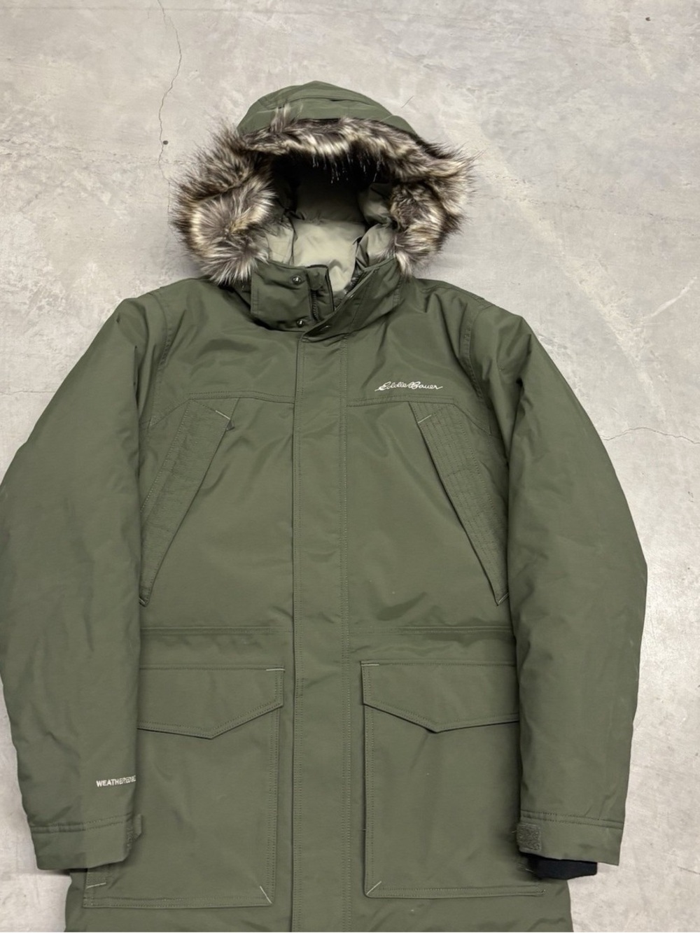 Eddie Bauer Olive Green Insulated Parka with Faux Fur Trim Hood